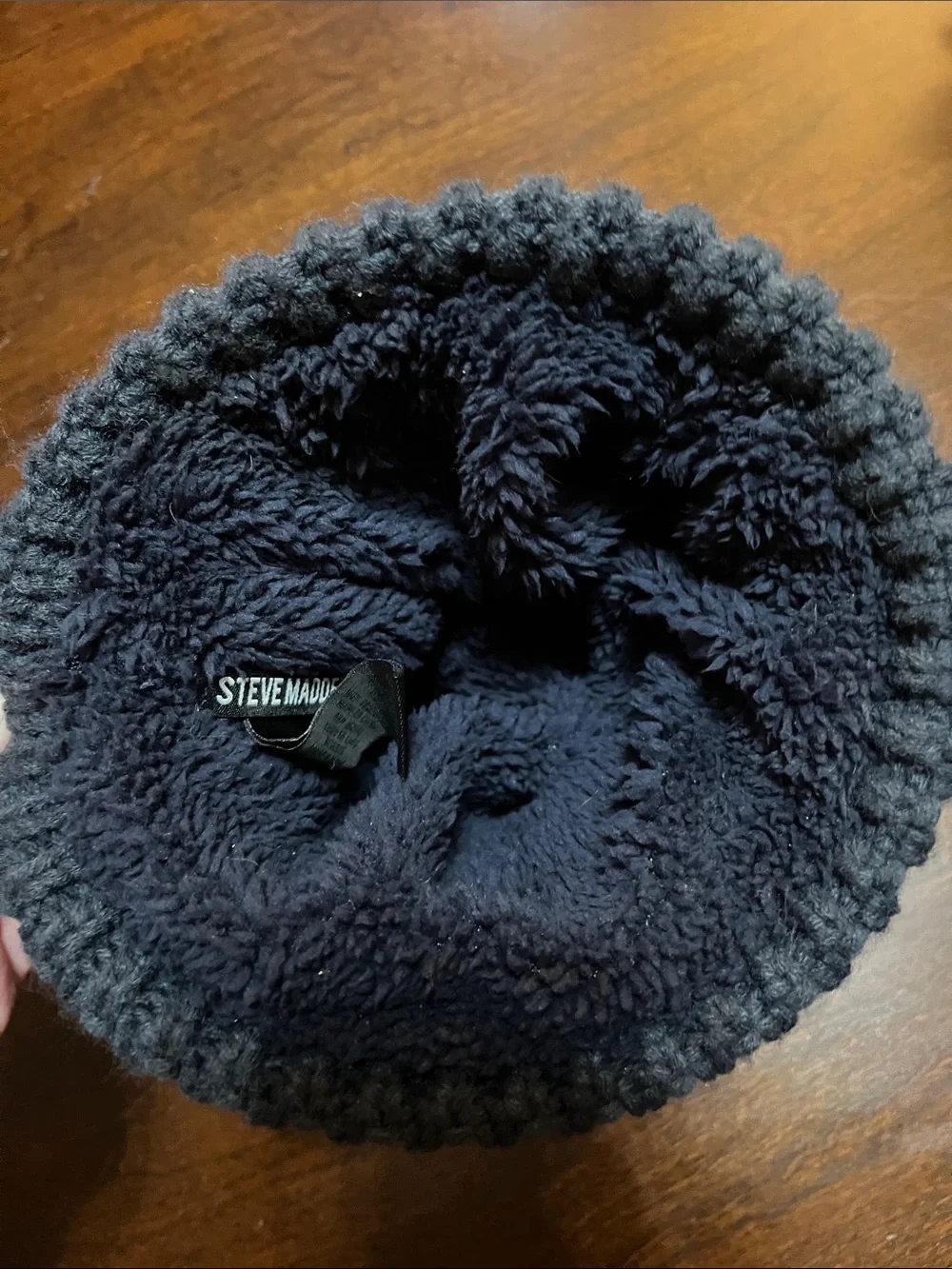 Steve Madden Blue Knit Pom Beanie Hat with Brown Faux Fur Pom OS
